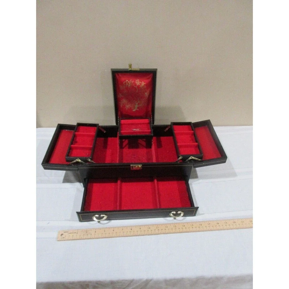 Vtg, Black Faux Leather Mell MCM Jewelry Box Red Velvet 25+Piece Tiered with KEY